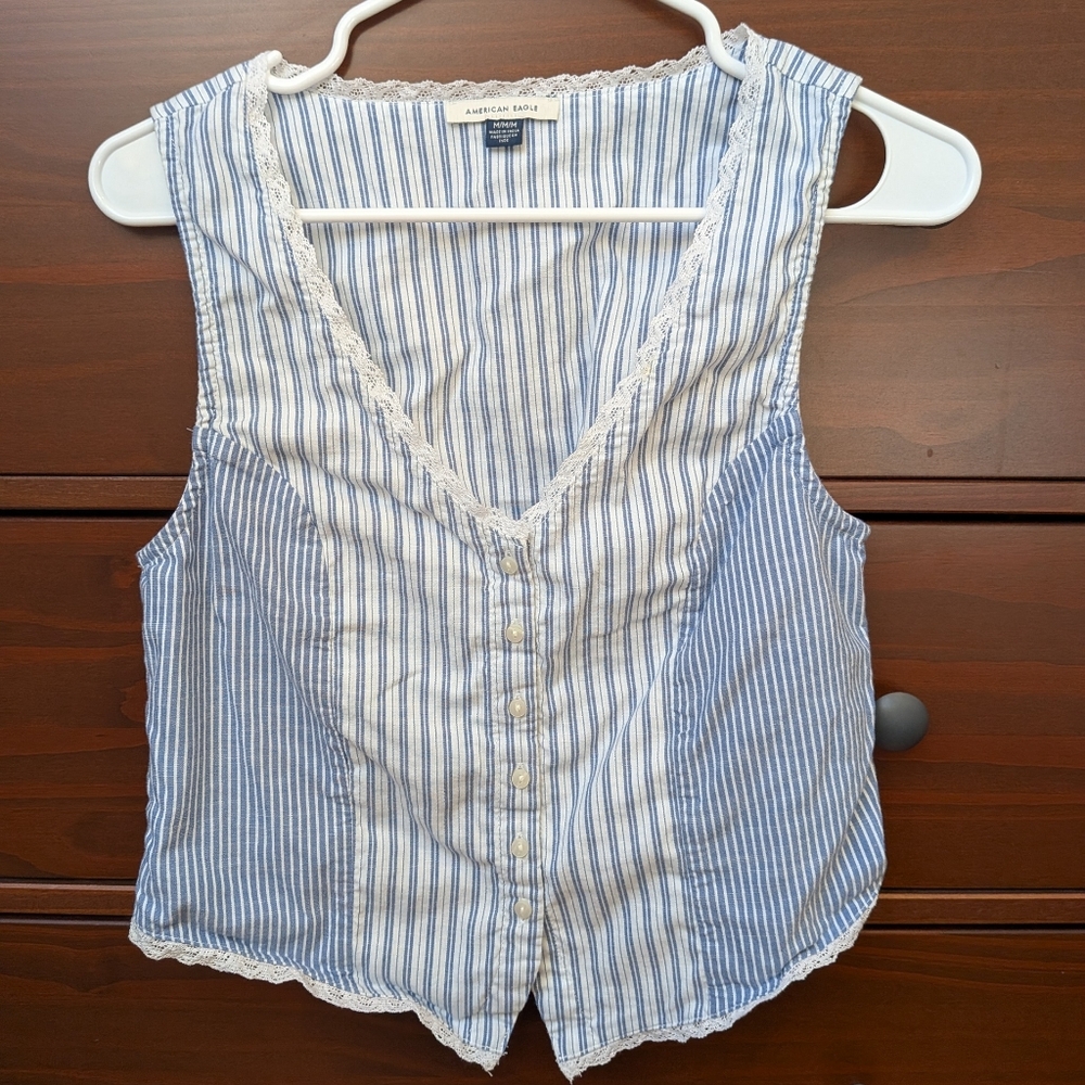 American Eagle Medium Blue and White Striped Lace-Trim Button Front Top